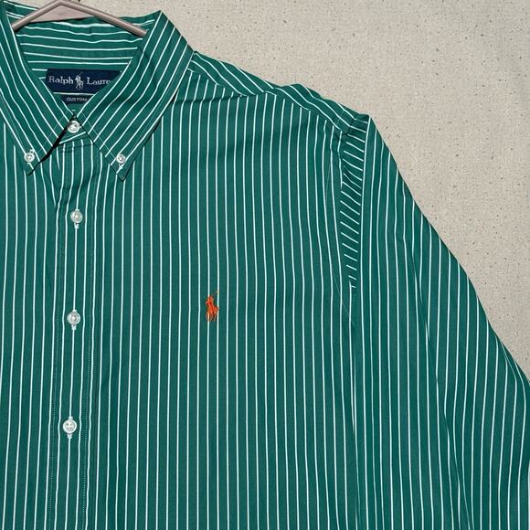 Vintage Ralph Lauren Button Down Shirt Custom Fit Mens XL Green White Striped - Picture 3 of 7